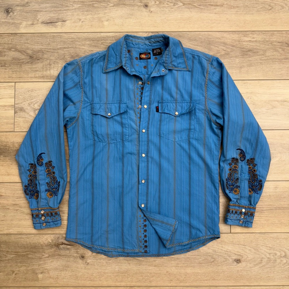 Vintage‎ Western Pearl Snap Shirt Martini Ranch Embroidered Striped Country  L